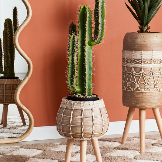 Plant Stand Light Brown Magnesium Round Solid Wood Base Tall Planter