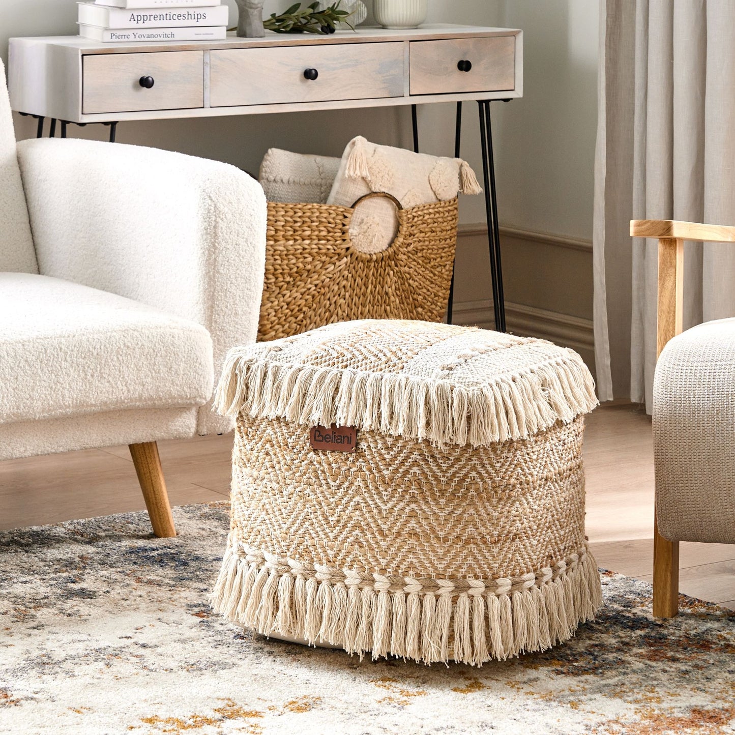 Pouffe Beige Jute Cotton EPS Fill With Tassels Ottoman
