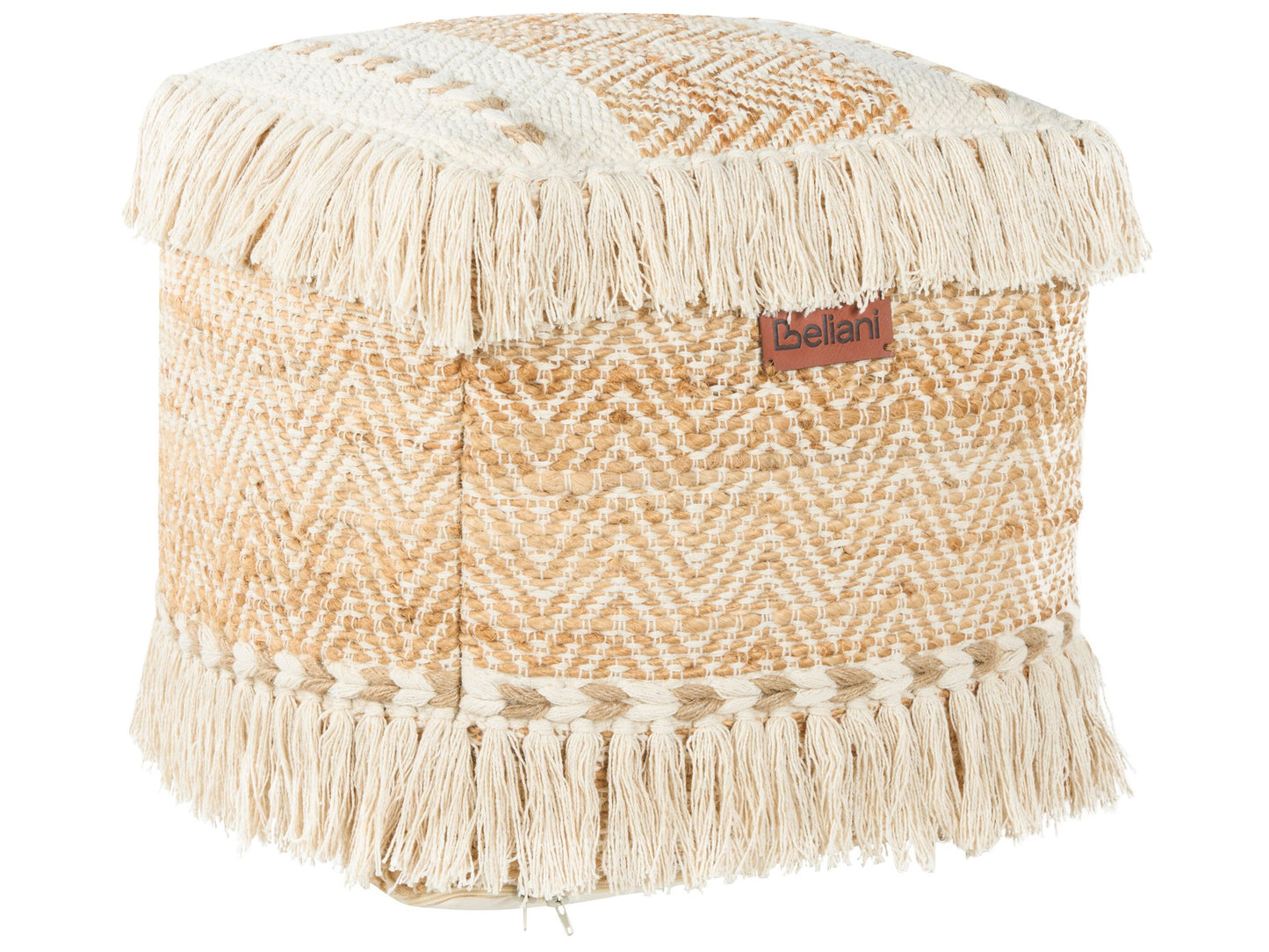 Pouffe Beige Jute Cotton EPS Fill With Tassels Ottoman