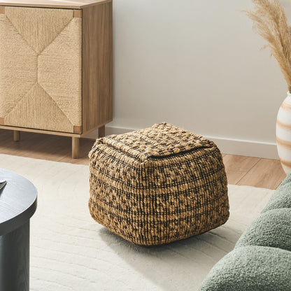 Pouffe Beige Jute And Cotton With EPS Beads Filling Square Ottoman Footstool