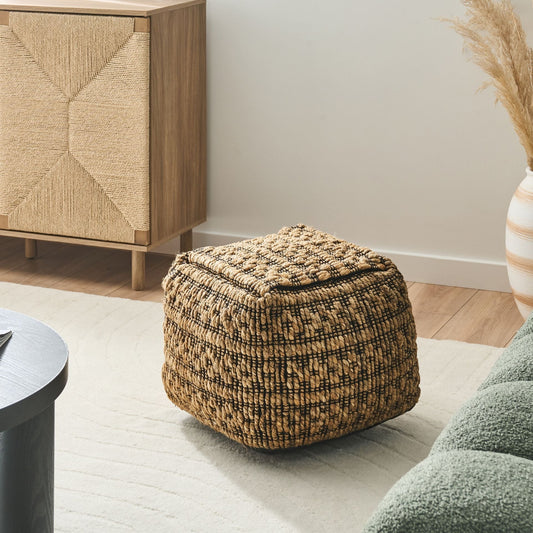 Pouffe Beige Jute And Cotton With EPS Beads Filling Square Ottoman Footstool