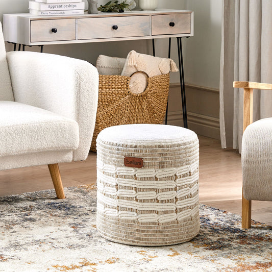 Pouffe Beige White Jute Cotton Round Ottoman EPS Filled
