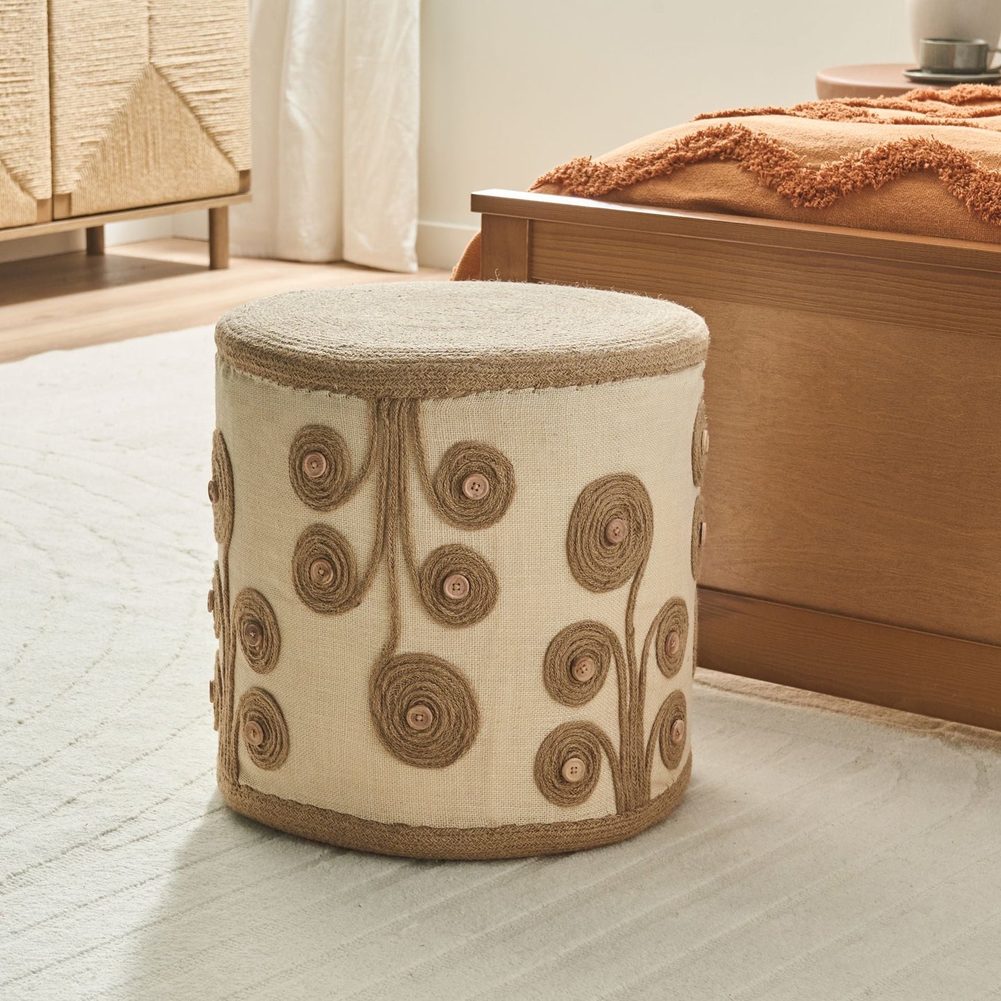 Pouffe White Beige Jute EPS Filled Ottoman Footstool