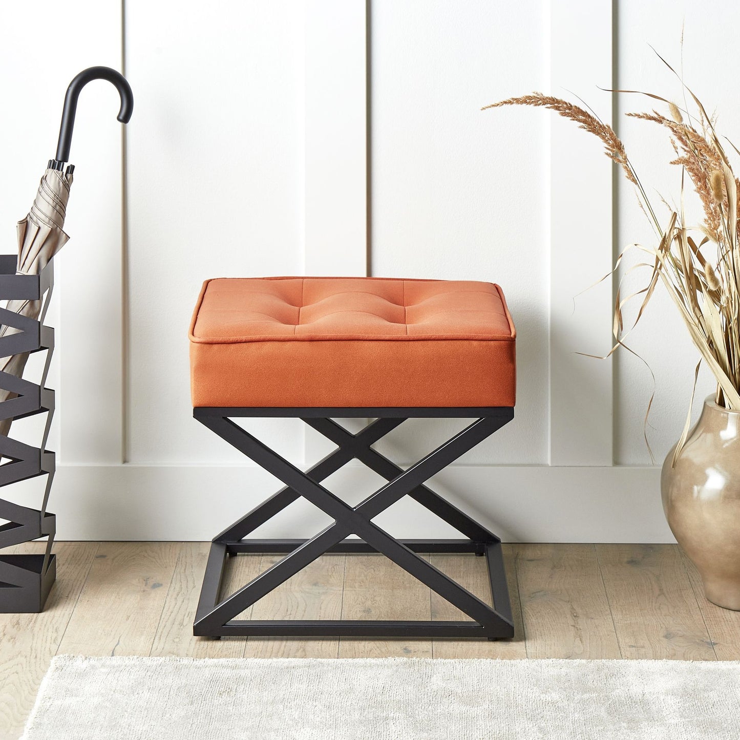 Home Footstool Orange Polyester With Metal Legs