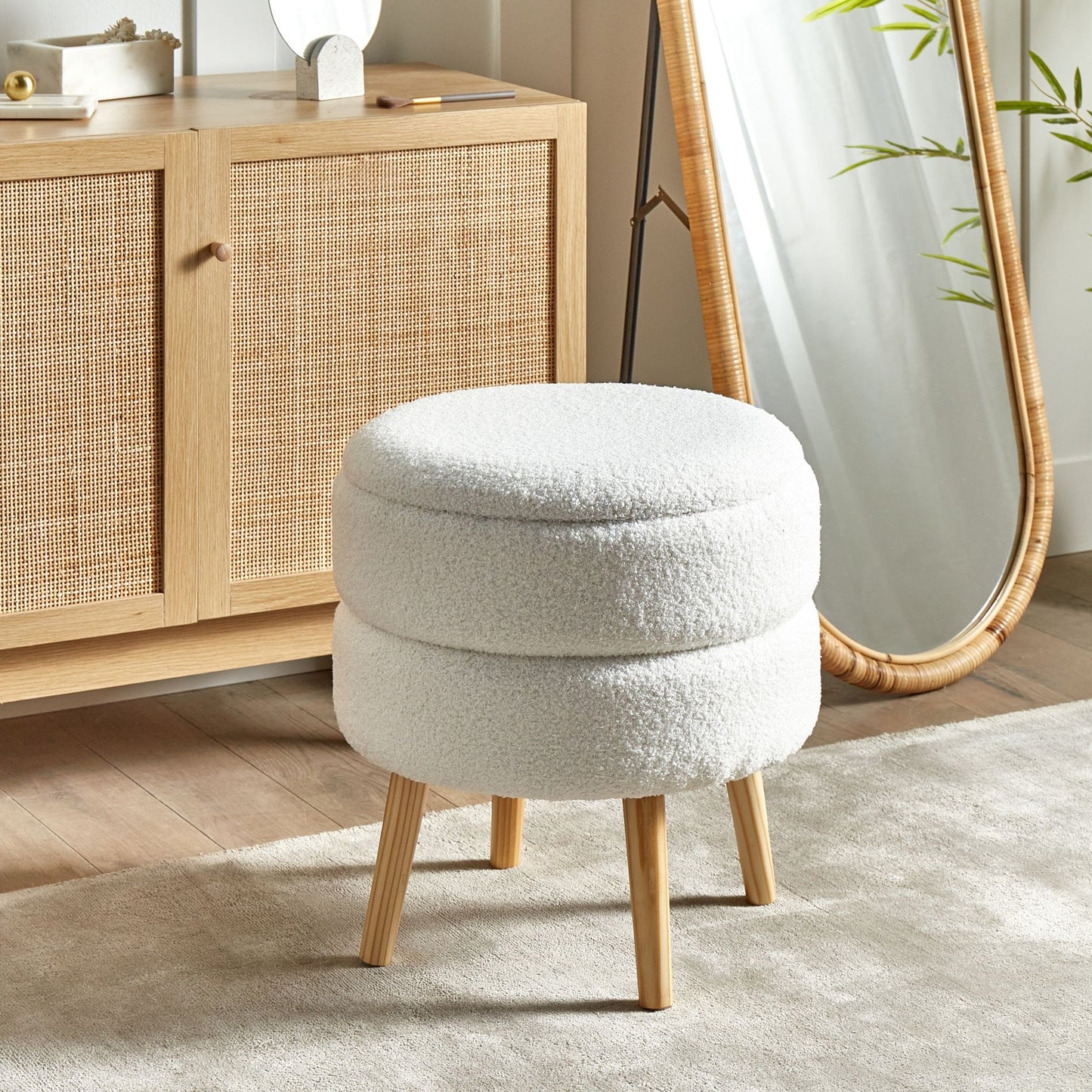Stool White Boucle Upholstered With Storage Wooden Legs