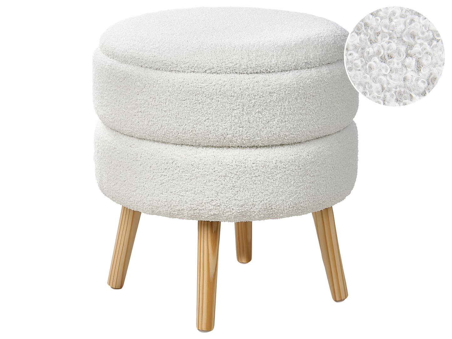 Stool White Boucle Upholstered With Storage Wooden Legs