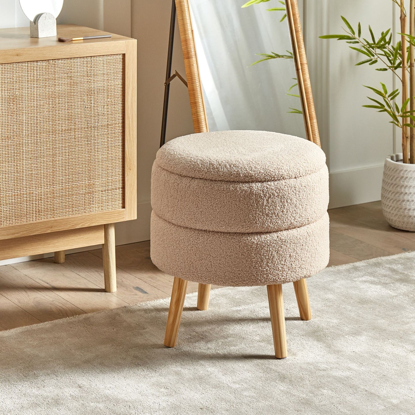 White Beige Upholstered Stool With Storage, Boucle Fabric, Wooden Legs