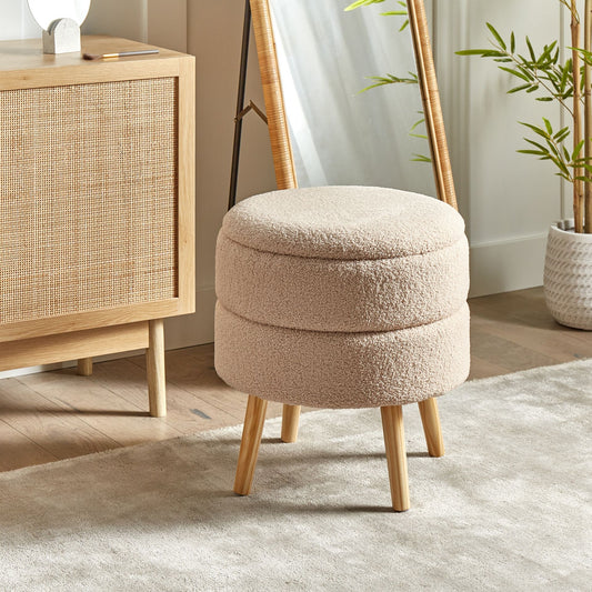 White Beige Upholstered Stool With Storage, Boucle Fabric, Wooden Legs