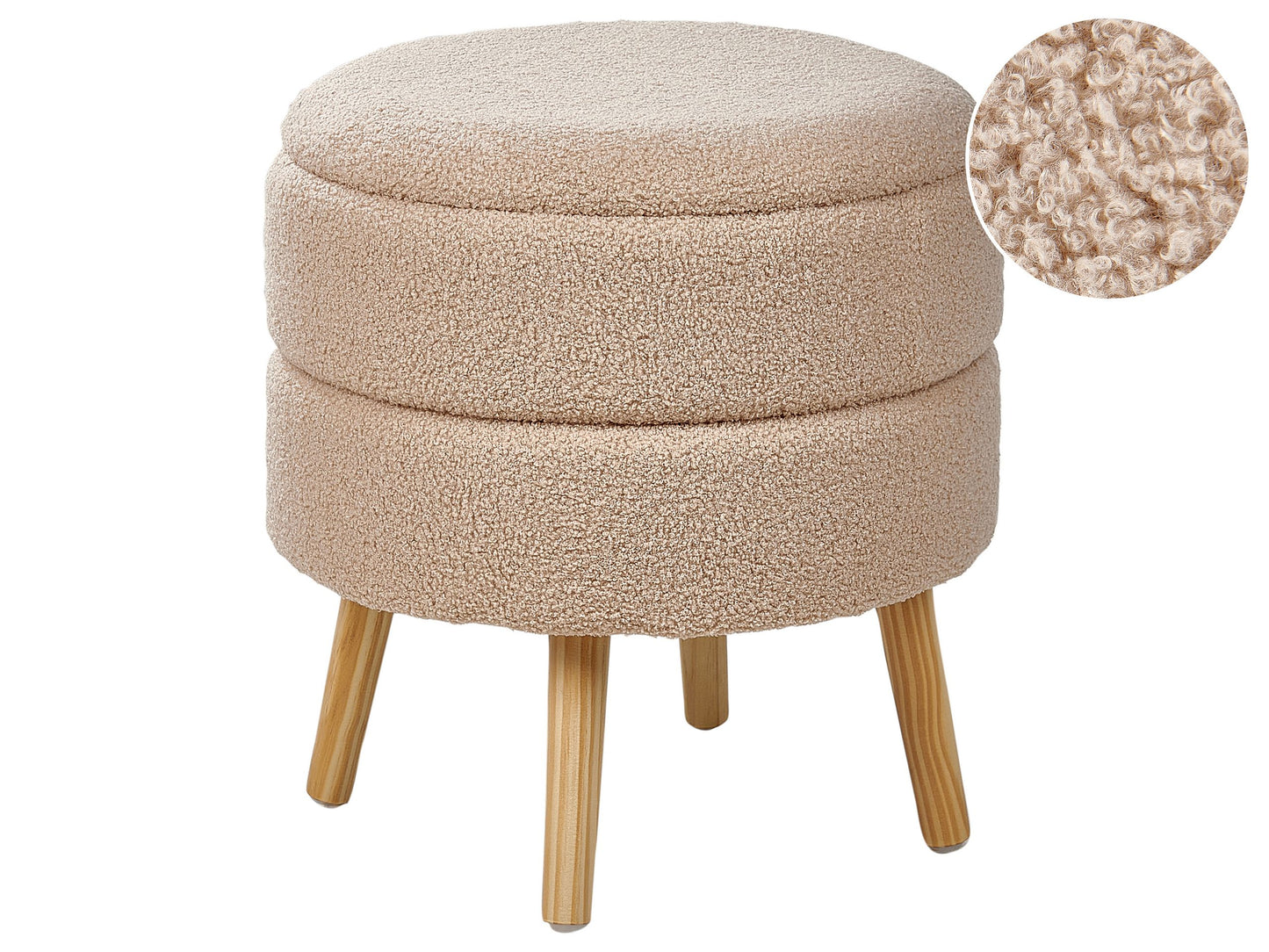 White Beige Upholstered Stool With Storage, Boucle Fabric, Wooden Legs
