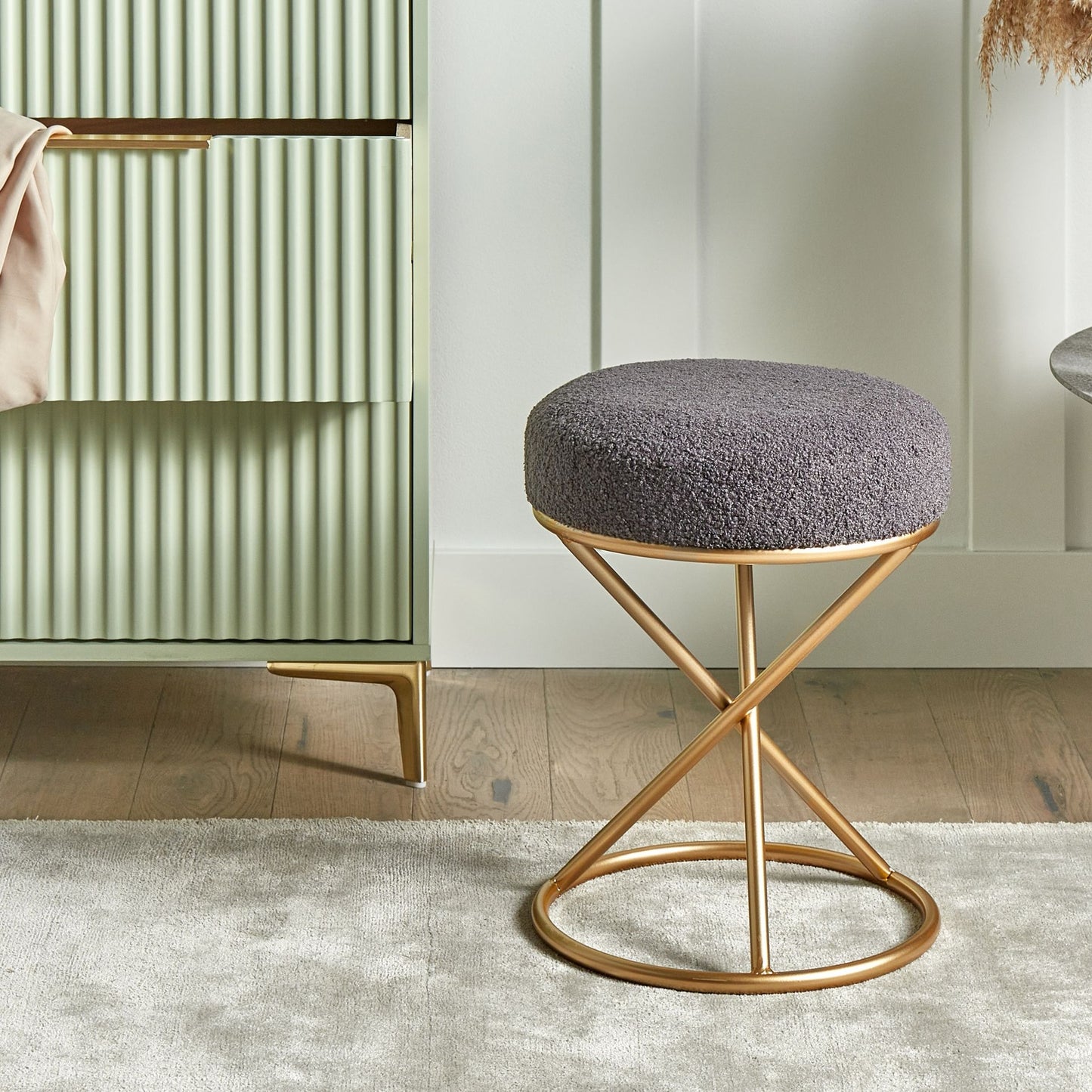 Grey Boucle Footstool With Metal Legs For Living Room And Bedroom Seating