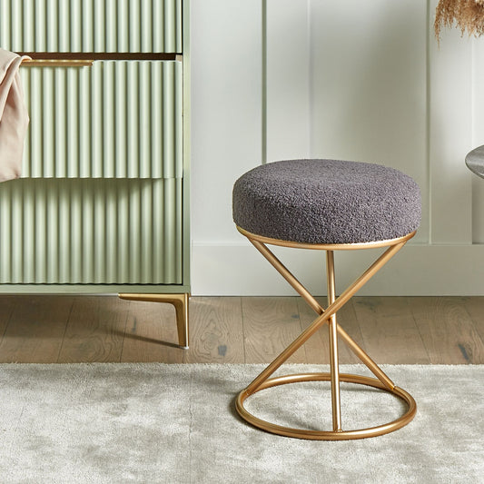 Grey Boucle Footstool With Metal Legs For Living Room And Bedroom Seating