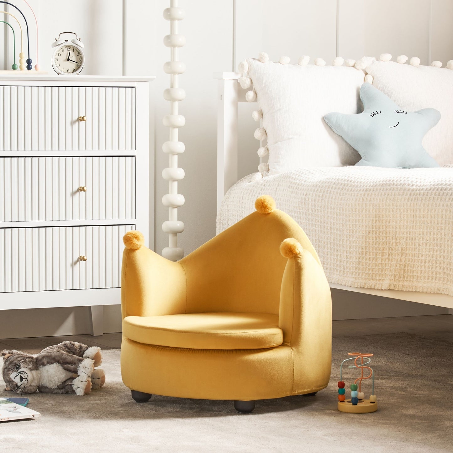 Velvet Crown Kids Chair Yellow Upholstery Crown Shaped Armchair For Nursery Modern Design