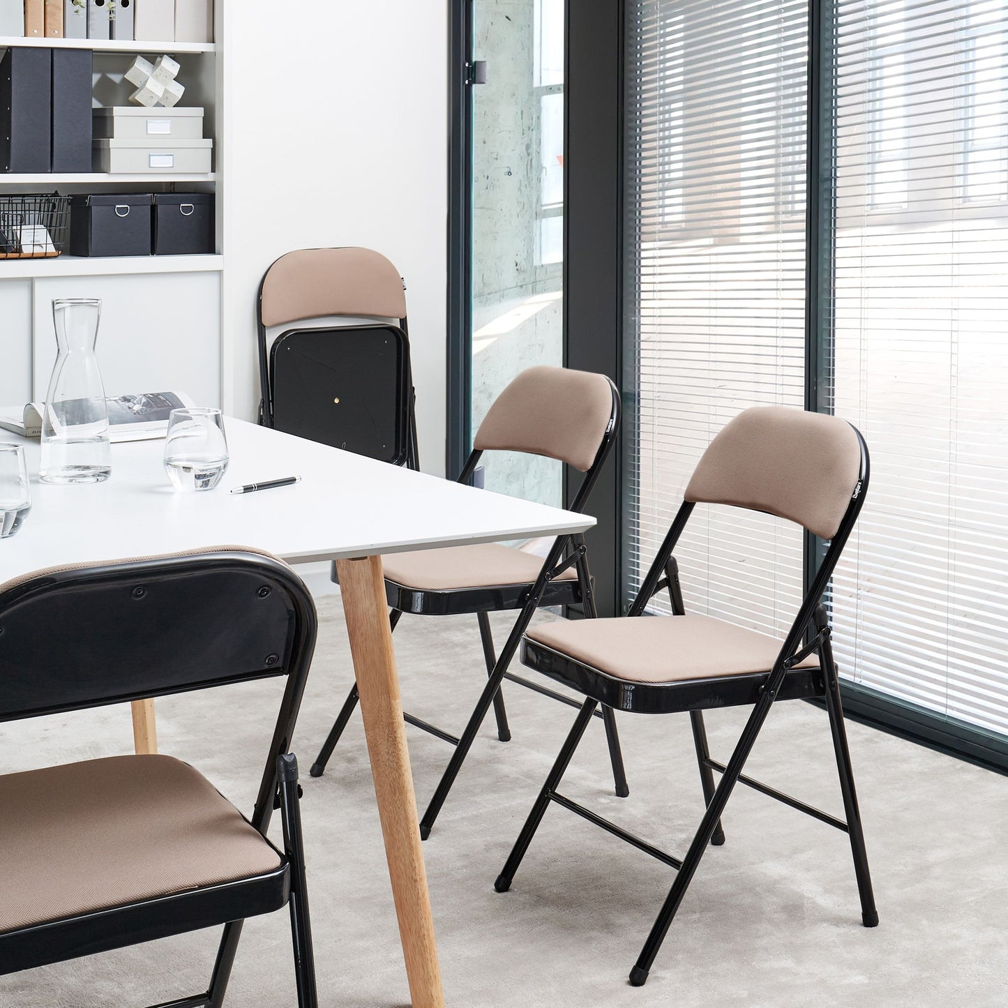 Folding Chairs Set of 4 Beige Padded Seats and Backrests with Black Metal Frame for Home Dining and Seating