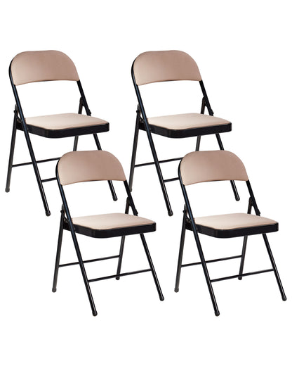 Folding Chairs Set of 4 Beige Padded Seats and Backrests with Black Metal Frame for Home Dining and Seating
