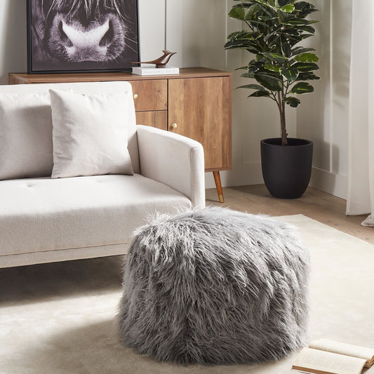 Grey Faux Fur EPS Beads Pouffe Removable Cover Footstool