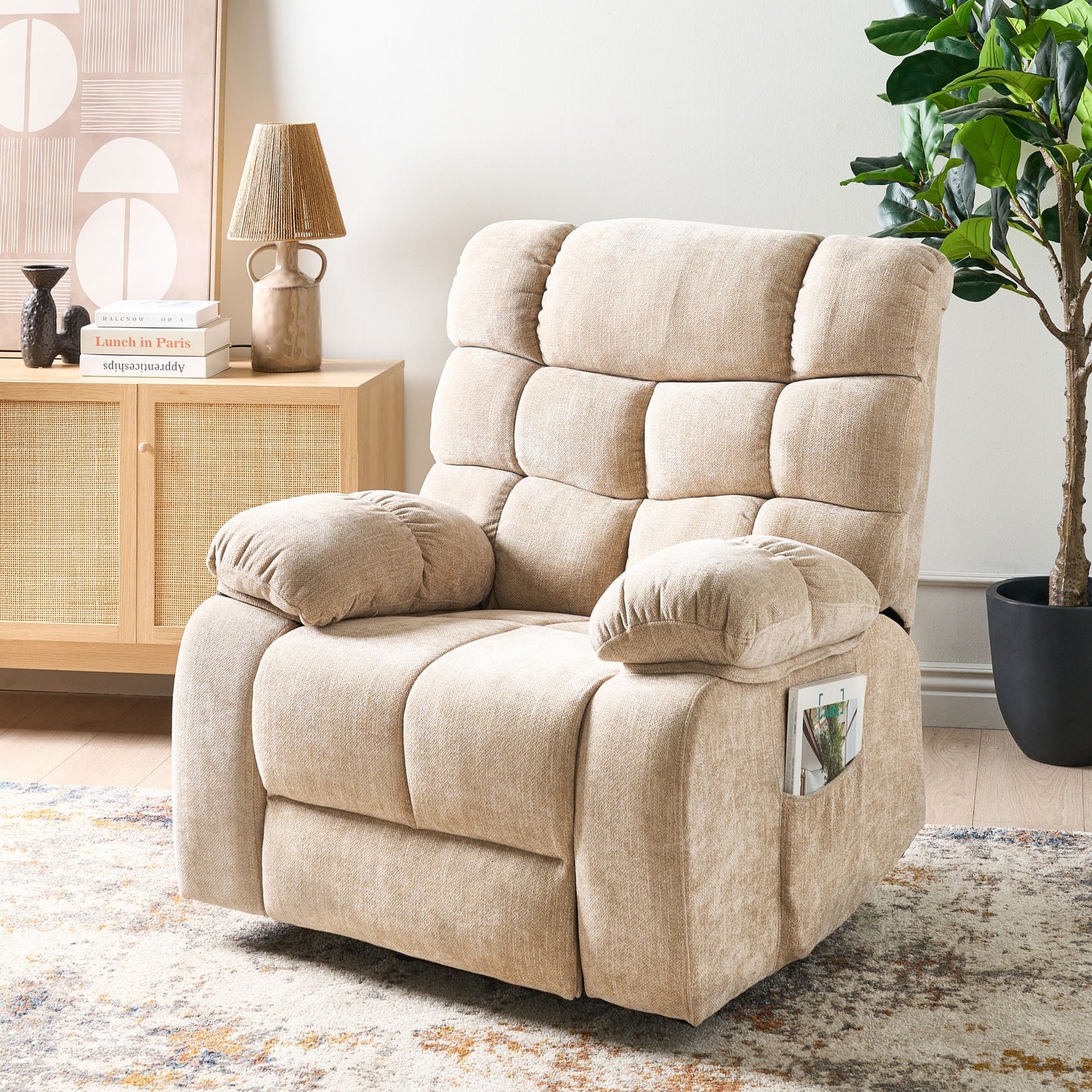 Electric Recliner Armchair Beige Polyester With Footrest