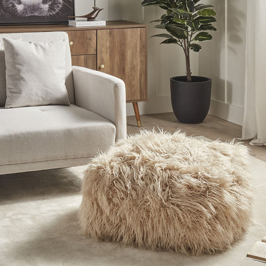Pouffe Beige Faux Fur Footstool With EPS Beads Filling