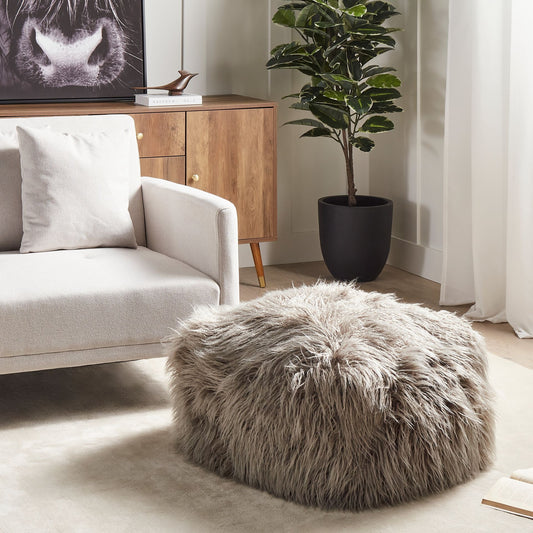 Pouffe Grey Faux Fur Footstool With EPS Beads Filling