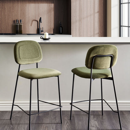Olive Green Velvet Bar Chairs Set Of Two With Black Iron Frame Counter Height Modern Dining