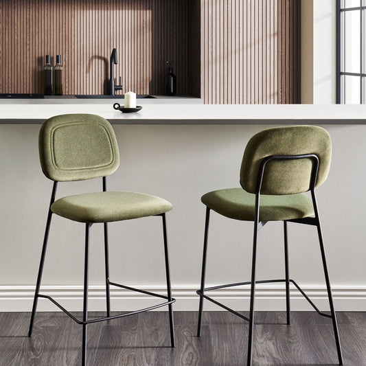 Olive Green Velvet Bar Chairs Set Of Two With Black Iron Frame Counter Height Modern Dining