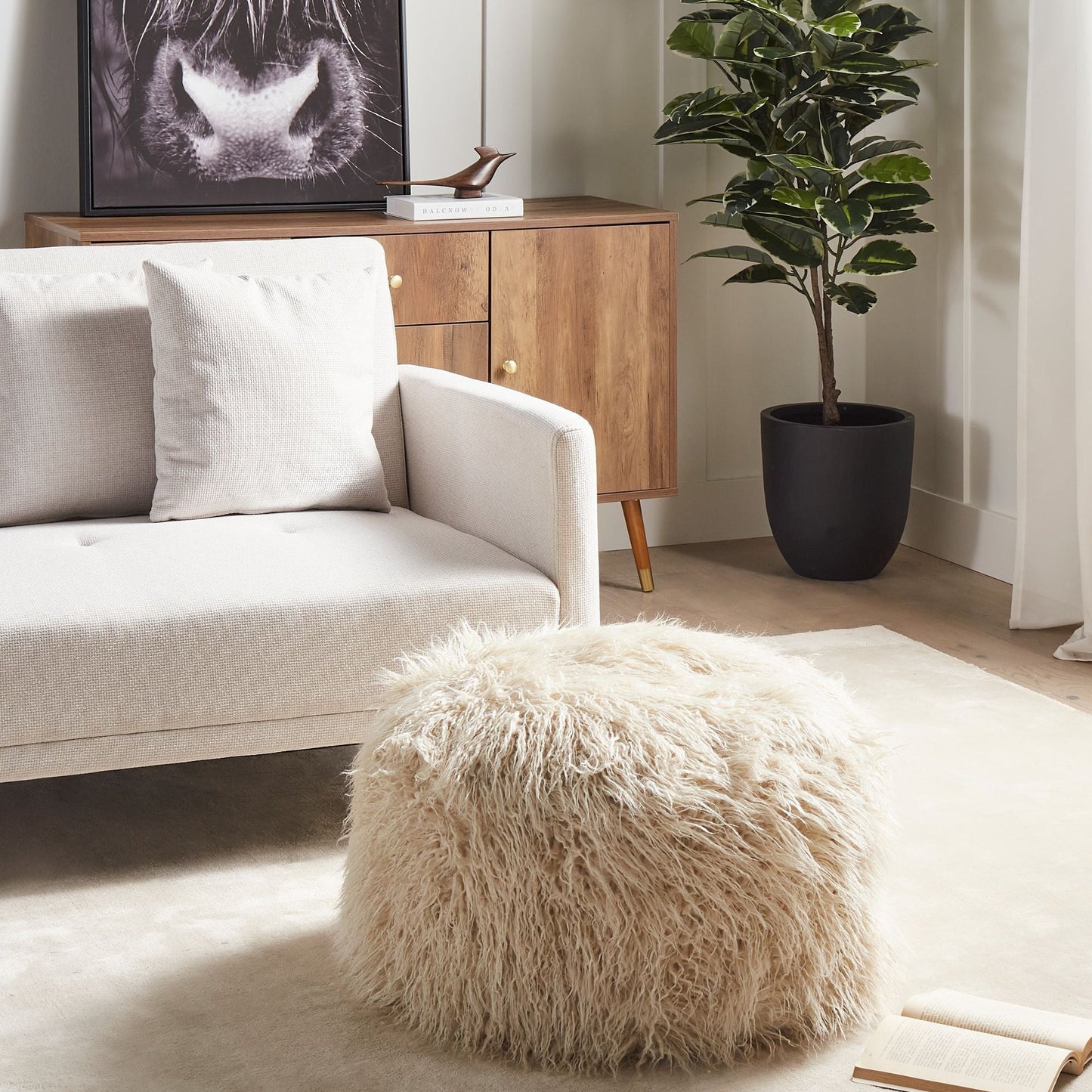 Pouffe Light Beige Faux Fur Footstool With EPS Beads Filling Solid Pattern Square