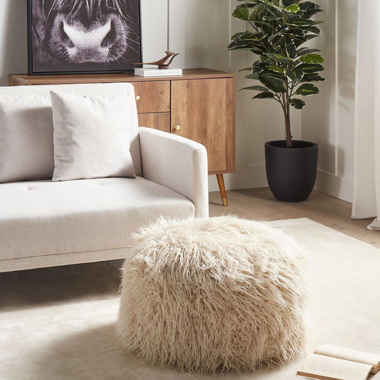 Pouffe Light Beige Faux Fur Footstool With EPS Beads Filling Solid Pattern Square