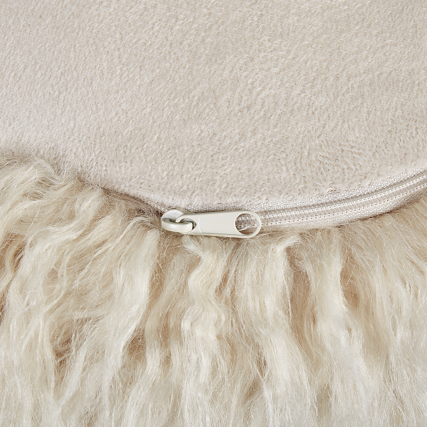 Pouffe Light Beige Faux Fur Footstool With EPS Beads Filling Solid Pattern Square