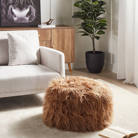 Pouffe Brown Faux Fur Square Footstool With EPS Beads