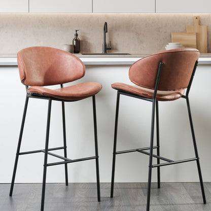 Modern Brown Faux Leather Bar Chairs Curved Back Set of 2