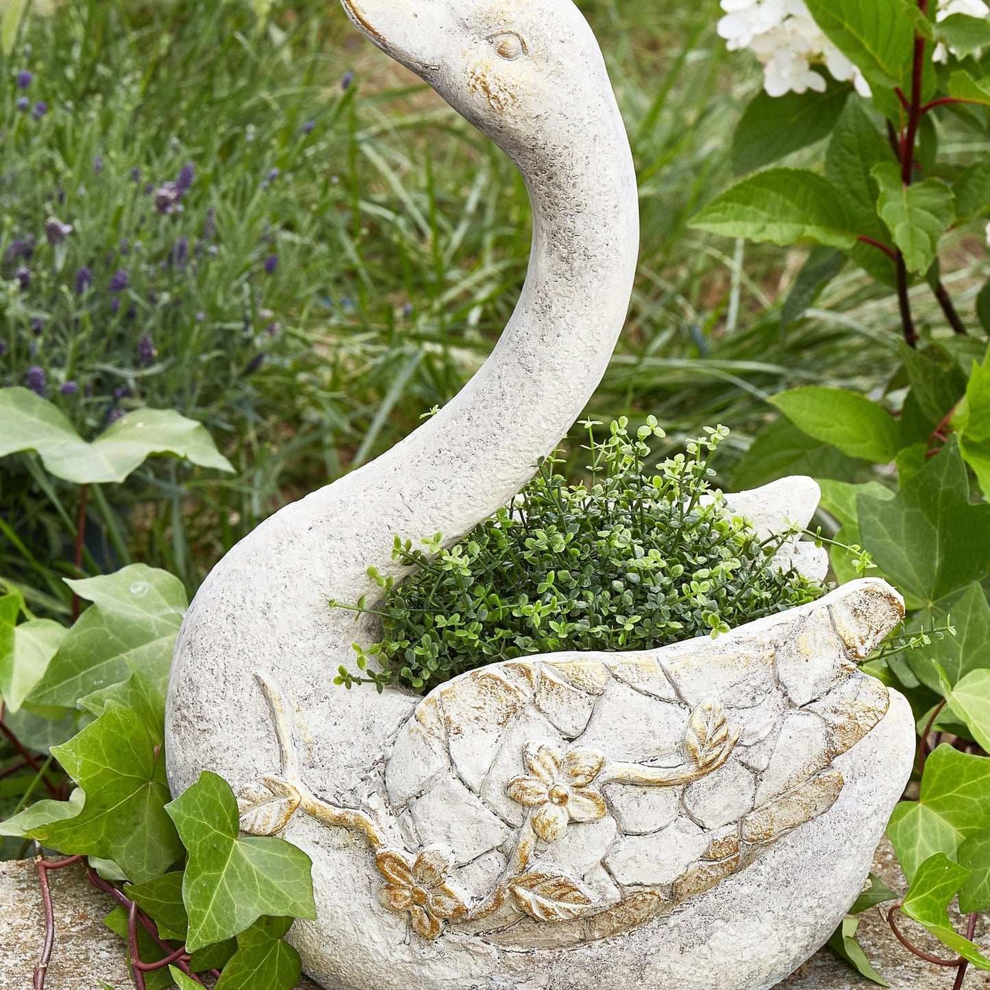 White Swan Figurine Planter With Copper Accents 40cm