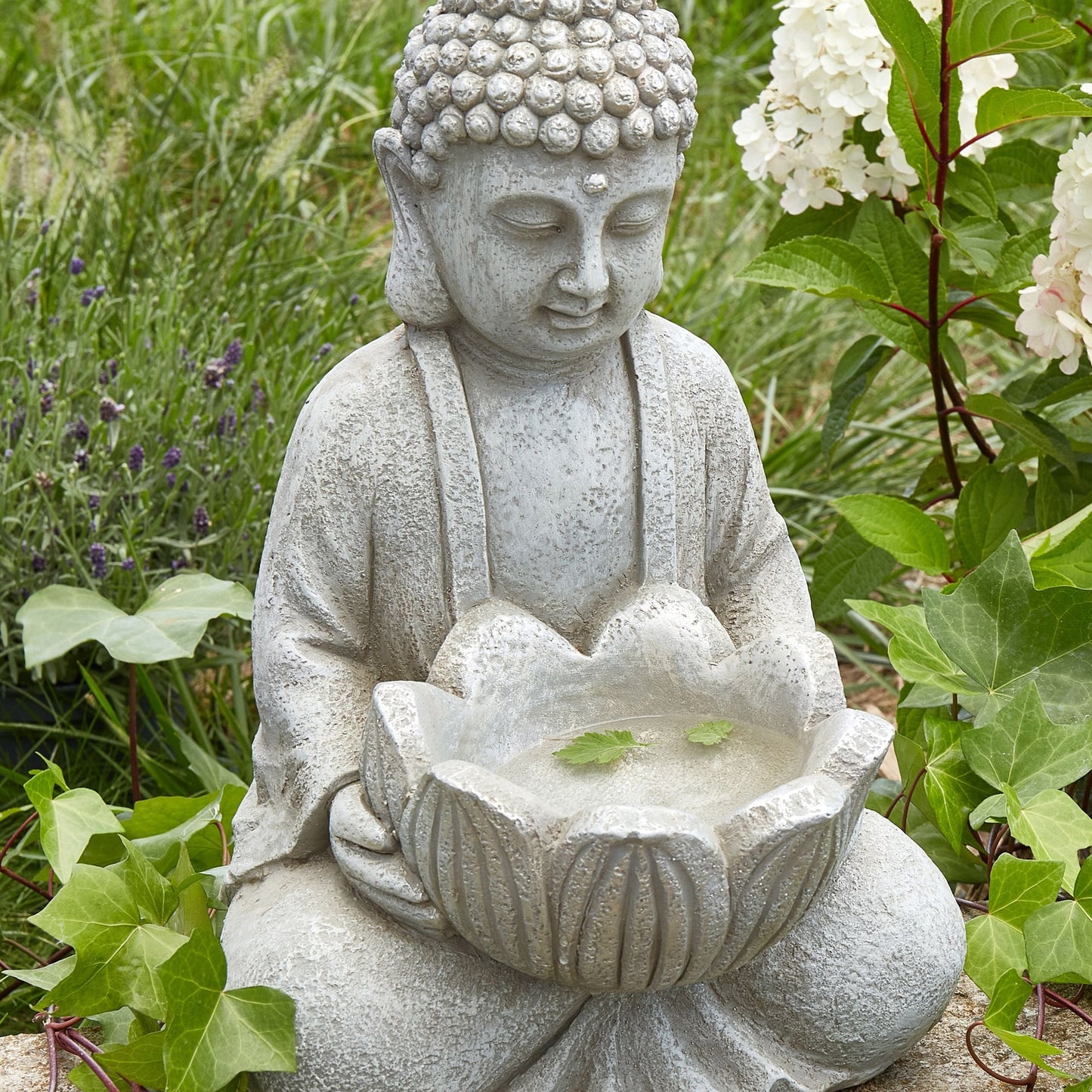 Grey Buddha Figurine 44cm With Lotus Bowl Planter For Indoor Outdoor Decor