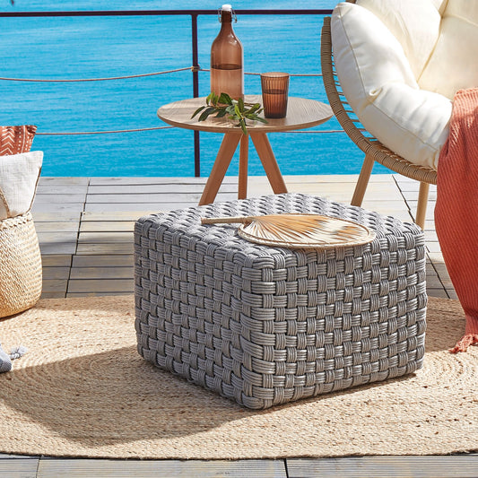 Garden Pouffe Grey Handwoven Boho Outdoor Ottoman 50 x 50cm Weatherproof