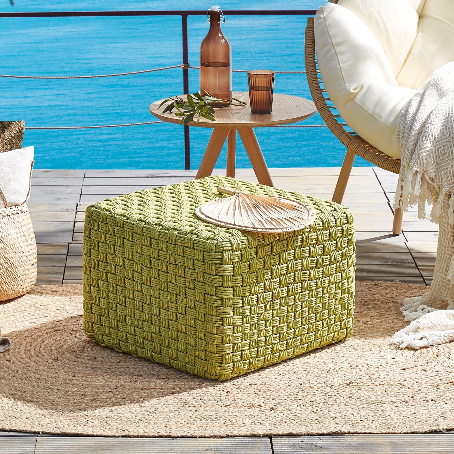 Handwoven Garden Pouffe 50 x 50cm Green Outdoor Ottoman Boho Style Weatherproof