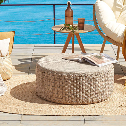 Handwoven Beige Round Garden Pouffe 70cm Outdoor Ottoman Braided Boho Style Weather Resistant