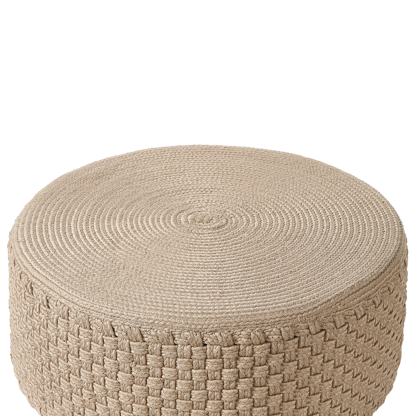 Handwoven Beige Round Garden Pouffe 70cm Outdoor Ottoman Braided Boho Style Weather Resistant