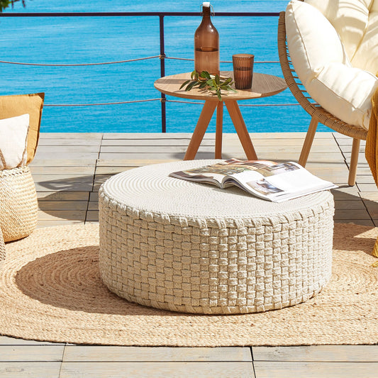 Light Beige Handwoven Outdoor Pouffe 70cm Boho Ottoman