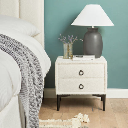 Boucle Home Bedside Table Off White With Black Metal Legs 2 Drawers