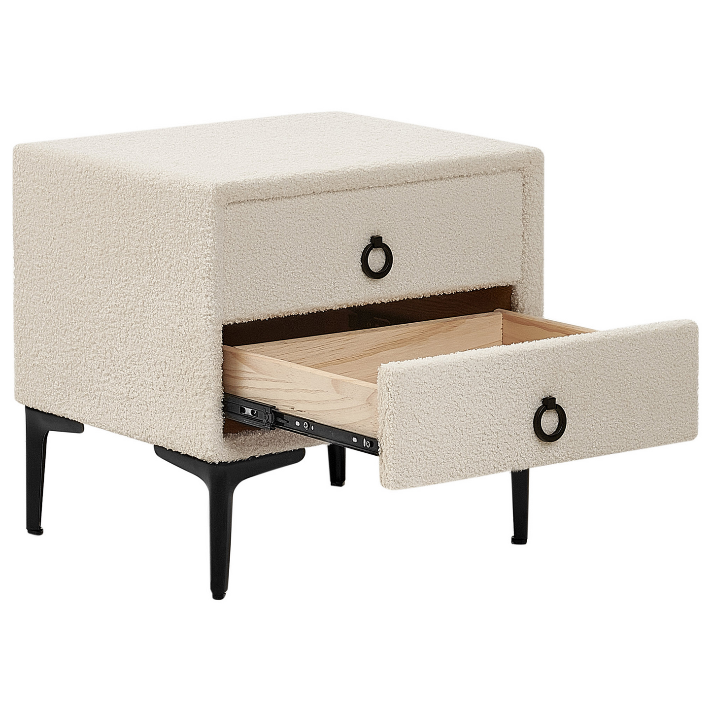 Boucle Home Bedside Table Off White With Black Metal Legs 2 Drawers