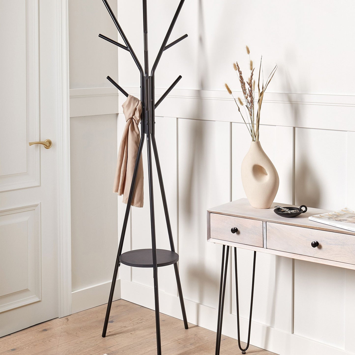 9 Hook Coat Stand Black Metal 181cm With Shelf