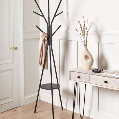 9 Hook Coat Stand Black Metal 181cm With Shelf