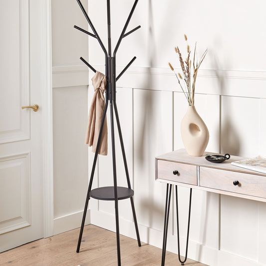 9 Hook Coat Stand Black Metal 181cm With Shelf