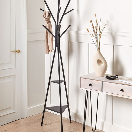 Home Coat Stand Black Metal 181cm 9 Hooks Shelves