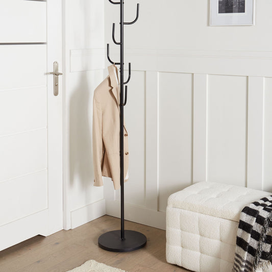 Black Metal Coat Stand 170cm Freestanding Six Hooks
