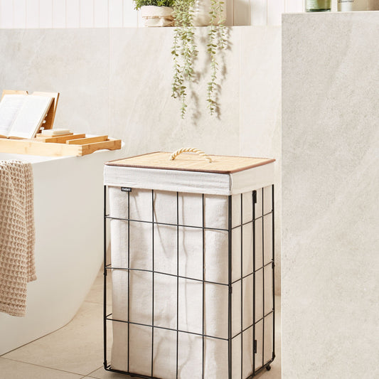 Natural Bamboo Lid Laundry Basket With Black Metal Frame Removable Fabric Bin For Home Laundry