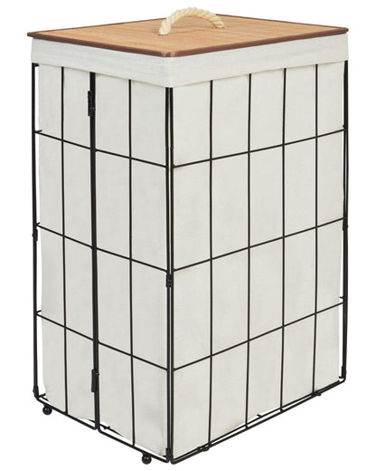 Natural Bamboo Lid Laundry Basket With Black Metal Frame Removable Fabric Bin For Home Laundry