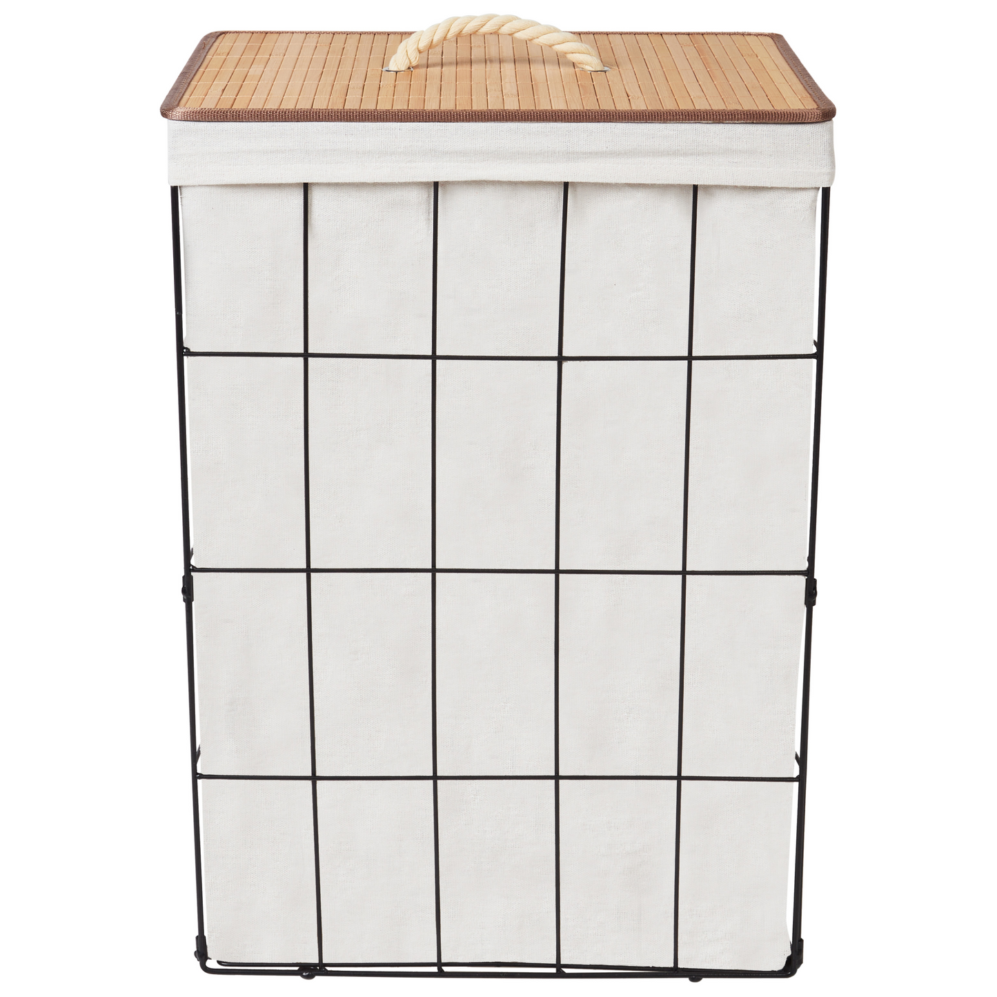 Natural Bamboo Lid Laundry Basket With Black Metal Frame Removable Fabric Bin For Home Laundry
