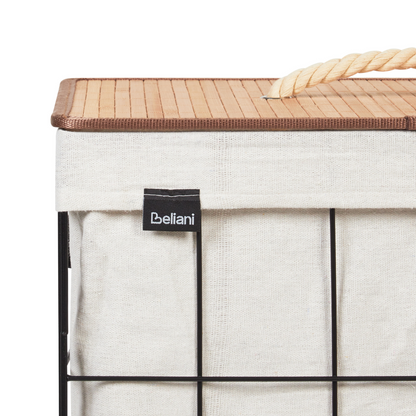 Natural Bamboo Lid Laundry Basket With Black Metal Frame Removable Fabric Bin For Home Laundry
