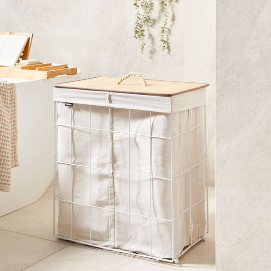 Laundry Basket White Wood Metal Frame With Bamboo Lid