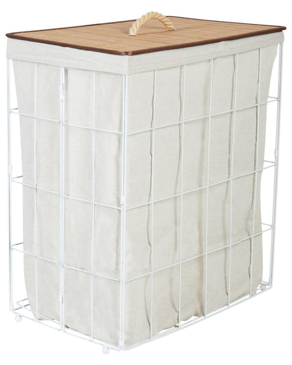 Laundry Basket White Wood Metal Frame With Bamboo Lid
