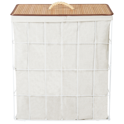 Laundry Basket White Wood Metal Frame With Bamboo Lid